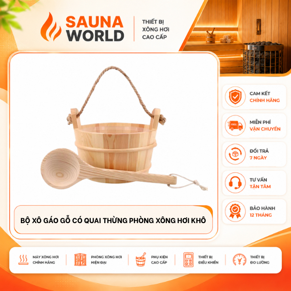 Bộ Xô Gáo Gỗ Quai Thừng Sauna World Phụ Kiện Phòng Xông Hơi Khô Sauna Cao Cấp