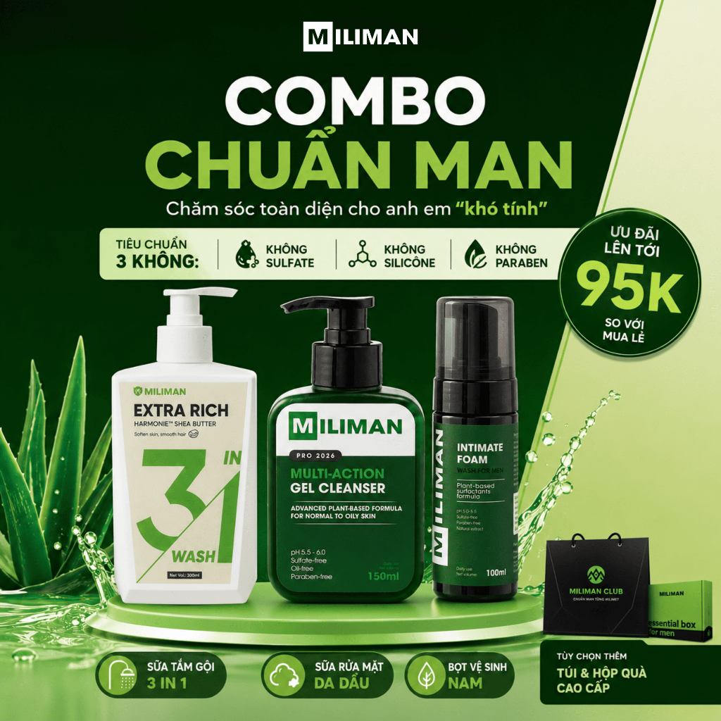 Combo Chuẩn Man MILIMAN | Chăm Sóc Toàn Diện Với Sữa Tắm Gội, Sữa Rửa Mặt Nam, Bọt Vệ Sinh