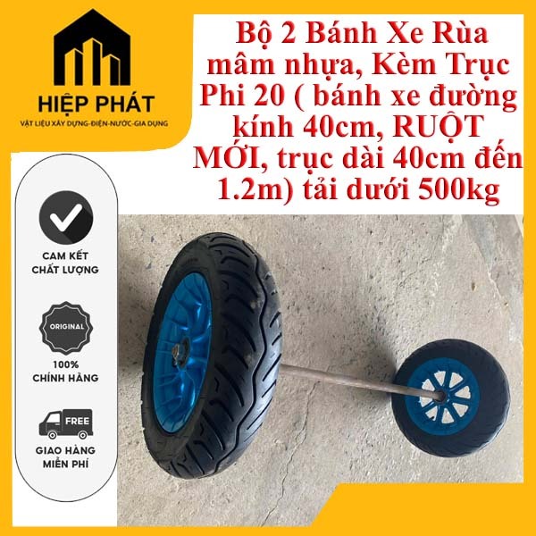 Bộ 2 Bánh Xe Rùa mâm nhựa, Kèm Trục Phi 20 ( bánh xe đường kính 40cm, RUỘT MỚI, trục dài 40cm đến 1.