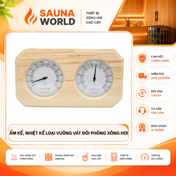 Ẩm Kế, Nhiệt Kế Sauna World Gỗ Loại Vuông Vát Đo Nhiệt Độ Độ Ẩm Phòng Xông Hơi Khô Sauna