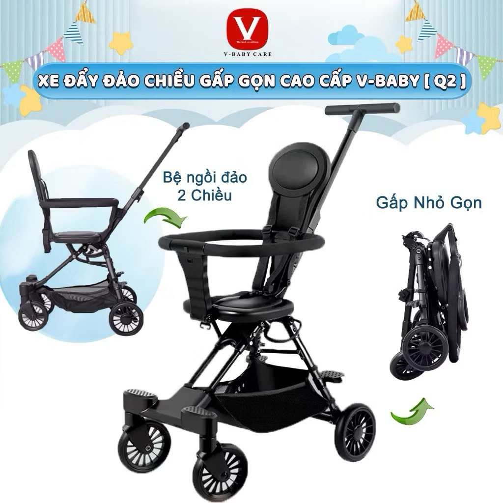 Xe Đẩy Cho Bé Gấp Siêu Gọn Đảo Chiều Tiện Lợi V-BABY Q2