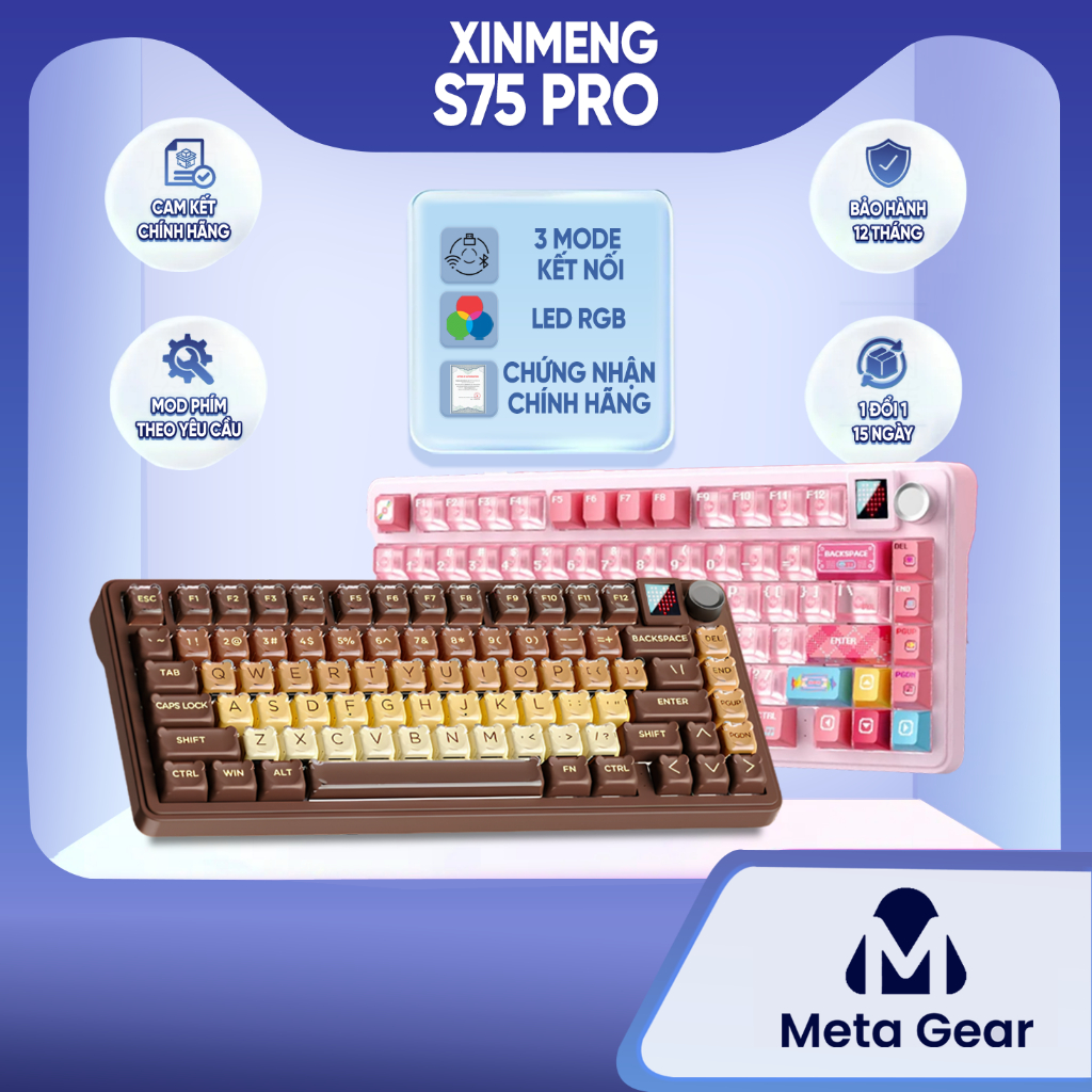 [CHÍNH HÃNG] Bàn phím cơ Xinmeng S75 Pro & S75- Bàn phím không dây chơi game, 3 mode kết nối, Có núm