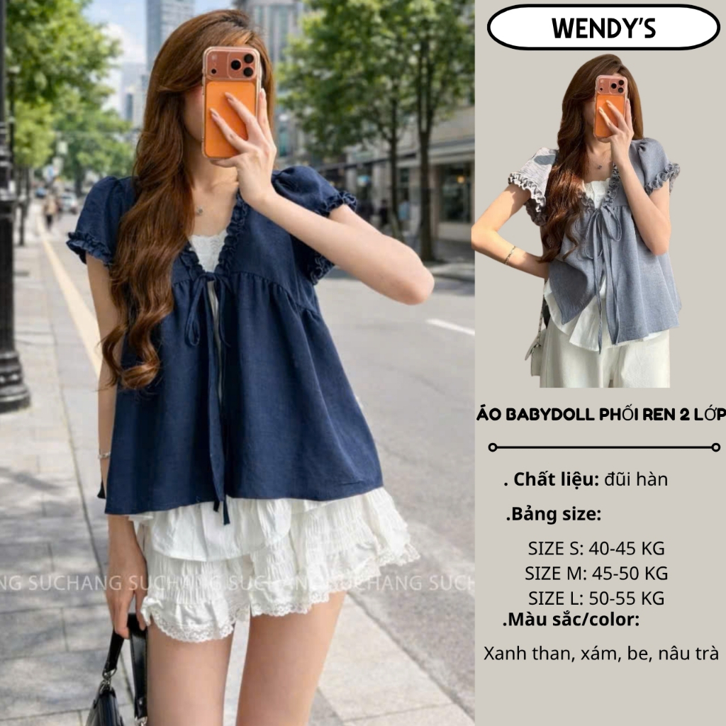 Áo Babydoll HAERIN Nữ Hàn Quốc | Áo Phối Ren 2 Lớp | Áo Khoác Mỏng Buộc Dây Vintage | Áo Tay Ngắn Dễ
