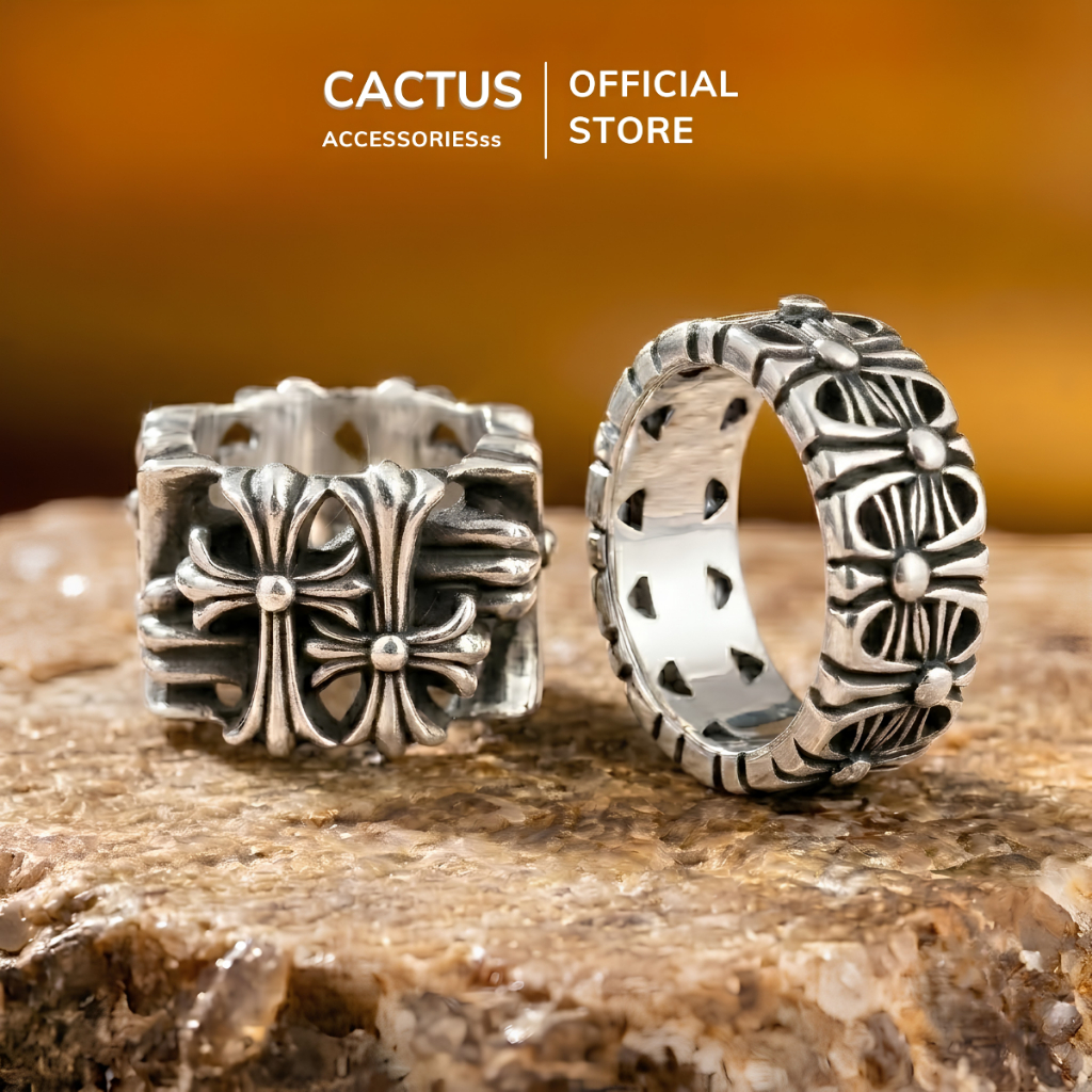 Nhẫn nam Cactus Acc họa tiết thánh giá cá tính phụ kiện nhẫn nam nữ style Gothic Retro Titan mạ bạc