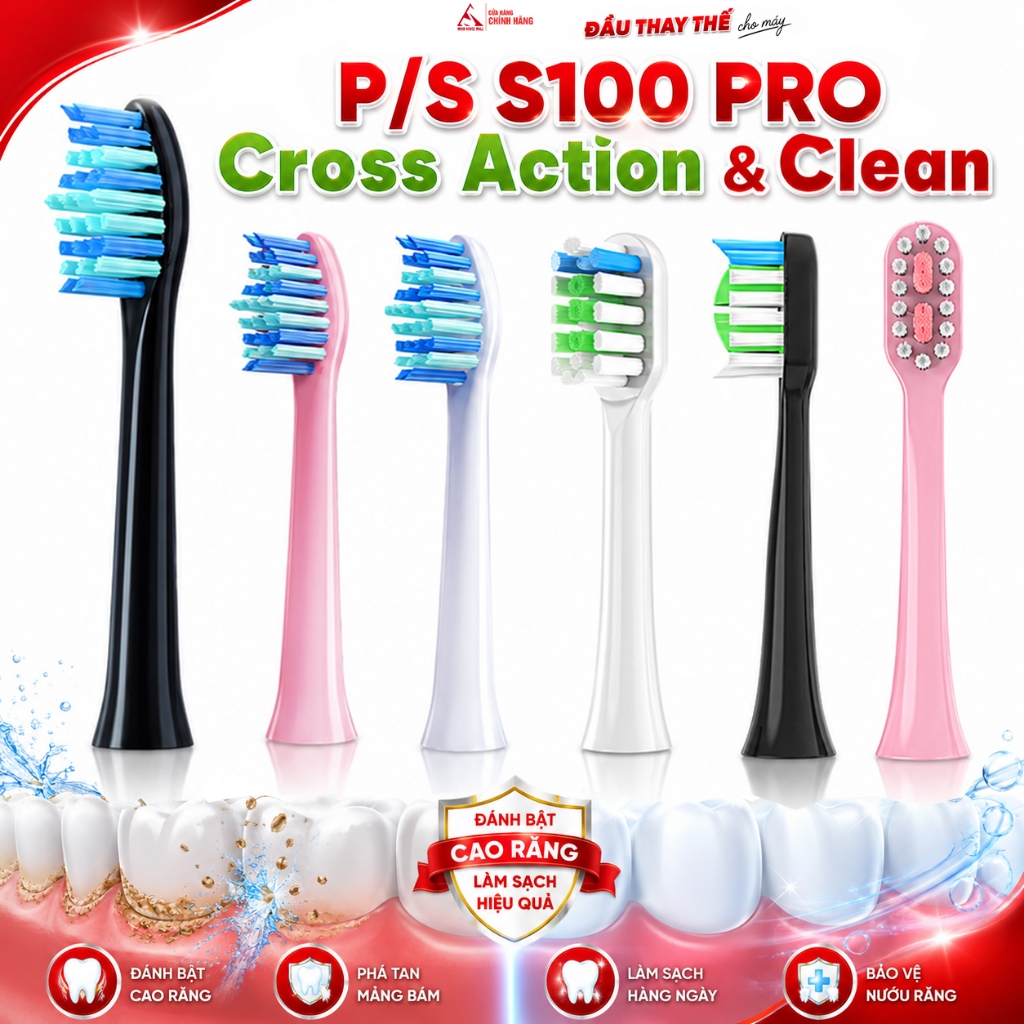 2 đầu thay thế cho đầu bàn chải điện PS S100 Pro P/S Cross Action Clean Đánh Bay Mảng Bám Minh House
