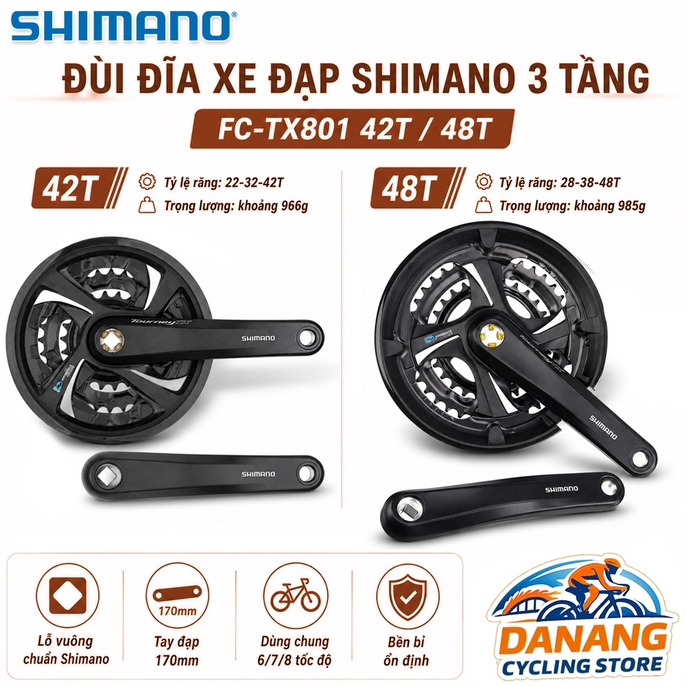 Đùi Đĩa Xe Đạp SHIMANO FC TX801 3 Tầng 22-32-42T / 28-38-48T | Giò Dĩa MTB, Touring – Chính Hãng