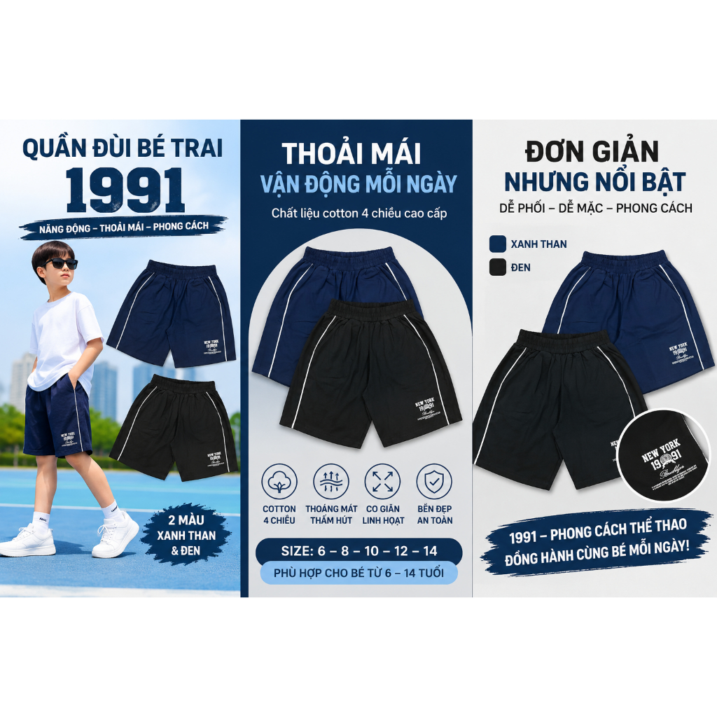Quần Đùi Bé Trai Hqlens Mã 1991, Quần Short Cho Bé Chất Cotton 4 Chiều Co Giãn Mềm Mát Size Đại 6 - 