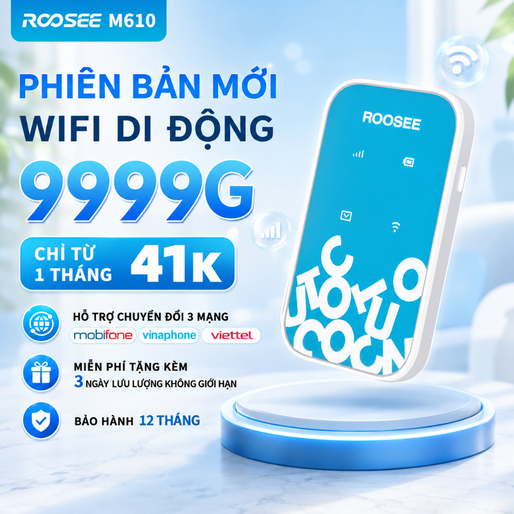 ROOSEE M610 WiFi Di Động eSIM Không Cần Lắp SIM Pin 2100mAh Chuyển Đổi 3 Nhà Mạng Viettel Vina Mobi