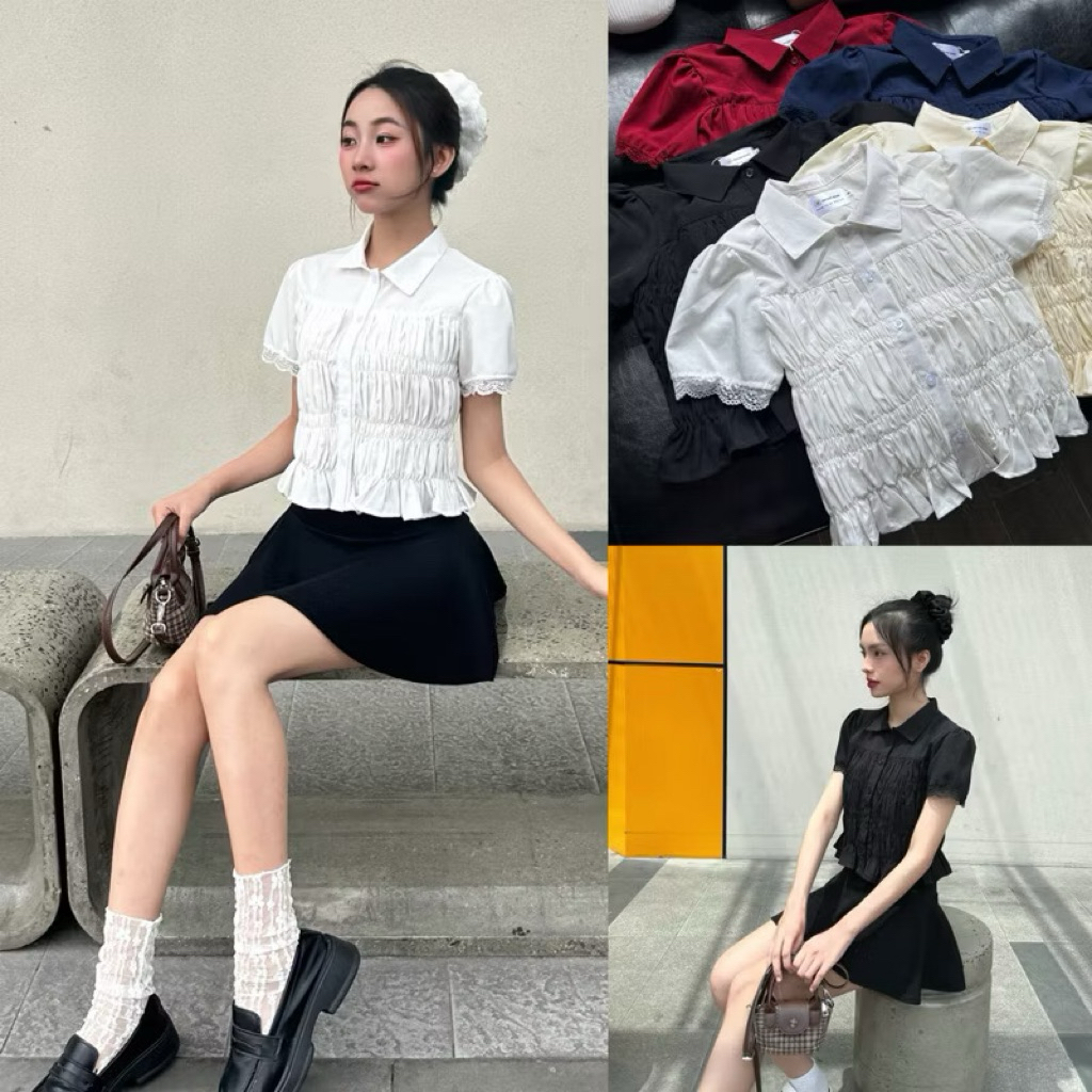 [Thanh lý] Áo sơmi chi tiết Smocking nhún vải cotton mềm mát DEROSE SAIGON (ảnh thật_Đọc kỹ mô tả)