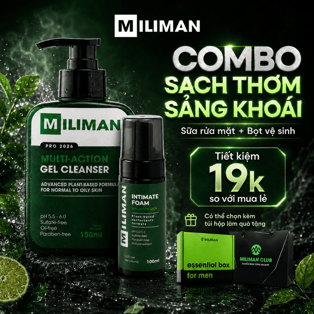 Combo Sạch Thơm Sảng Khoái MILIMAN | Gồm Sữa Rửa Mặt Cho Riêng 2 Loại Da + Bọt Vệ Sinh Nam
