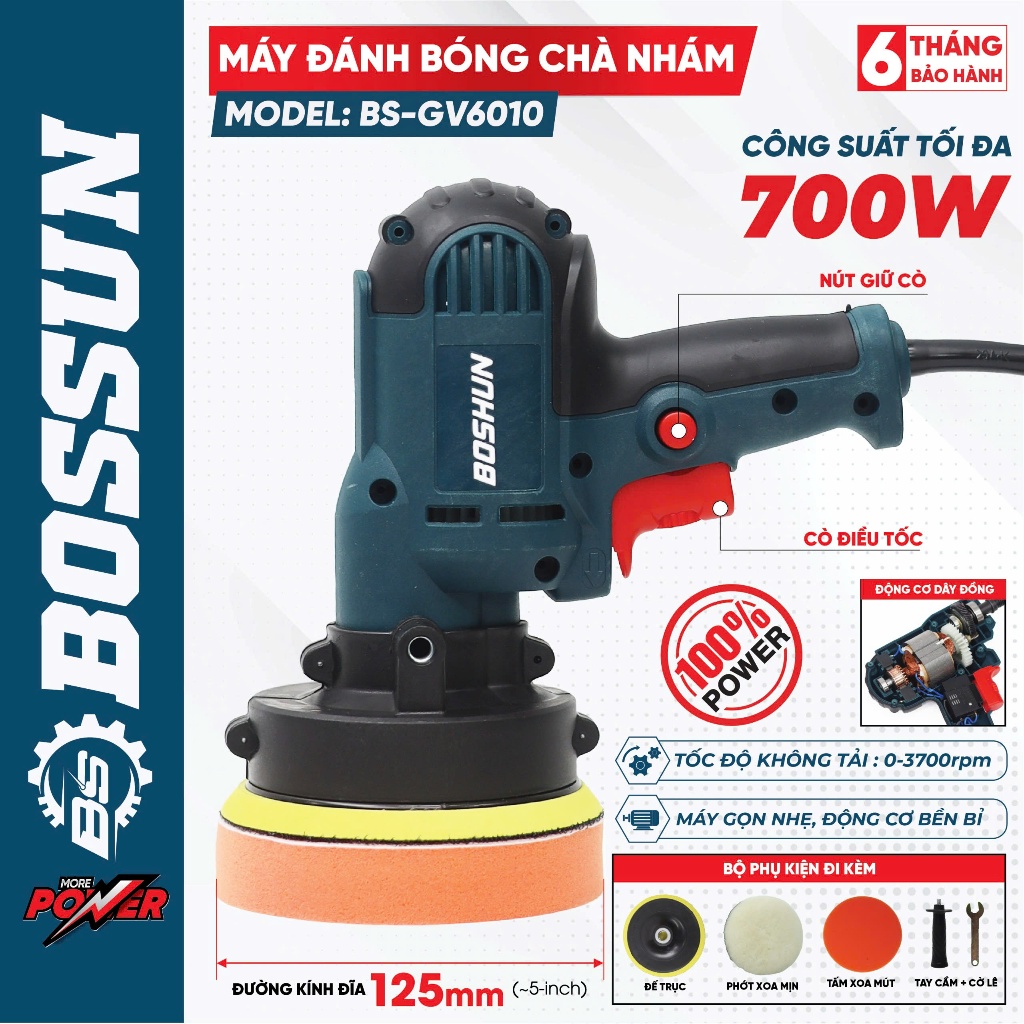 Máy Đánh Bóng Cầm Tay Boshun BS-GV6100, 700W, 6 Cấp Độ Tốc Độ, Đường Kính 125mm