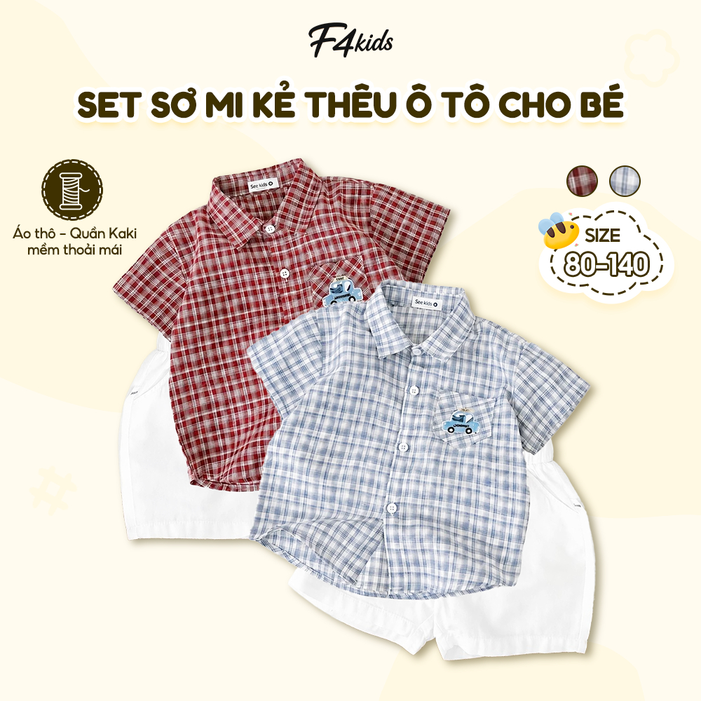 Set Sơ Mi Kẻ Thêu Ô Tô Cộc Tay Năng Động Mặc Đi Học Đi Chơi Form Thoải Mái Cho Bé Trai F4Kids