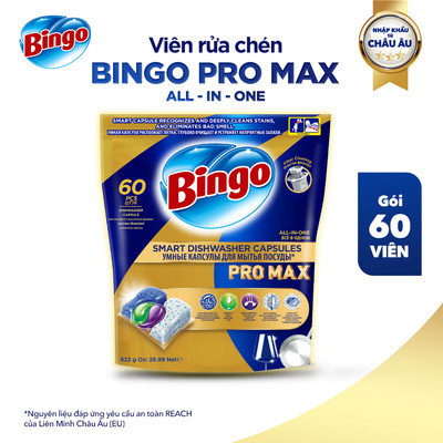 Viên Rửa Bát Chén Bingo Pro Max Cho Máy Rửa Bát Máy Rửa Chén 60 Viên Sạch Sâu Cháy Khét Diệt Khuẩn Đánh Bóng
