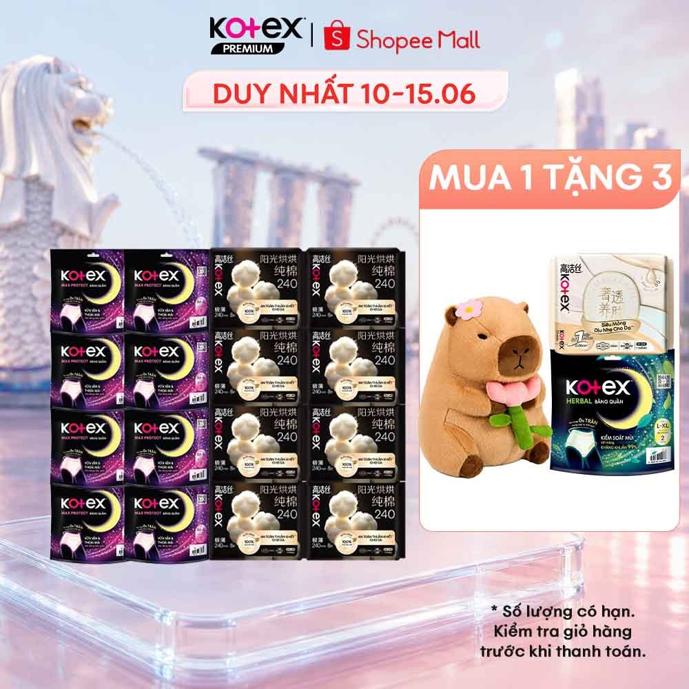 Combo 16 gói băng vệ sinh siêu tiết kiệm:8 gói Kotex Cotton bông thuần khiết + 8 gói băng quần Kotex