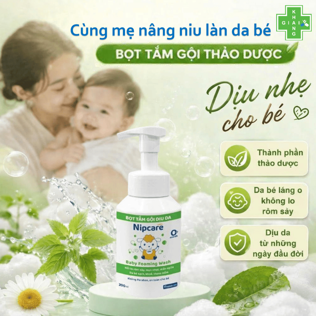 Bọt tắm gội dịu lành Nipcare, giúp đánh bay rôm sảy, mẩn ngứa, viêm da, trả lại cho bé làn da mềm th