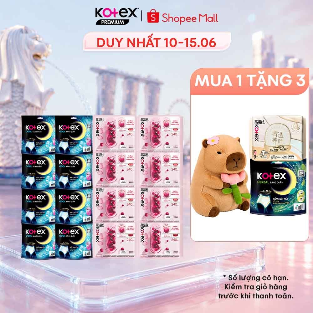 Combo 16 gói băng vệ sinh siêu tiết kiệm: 8 gói Kotex Cranberry kháng viêm + 8 gói băng quần Kotex B