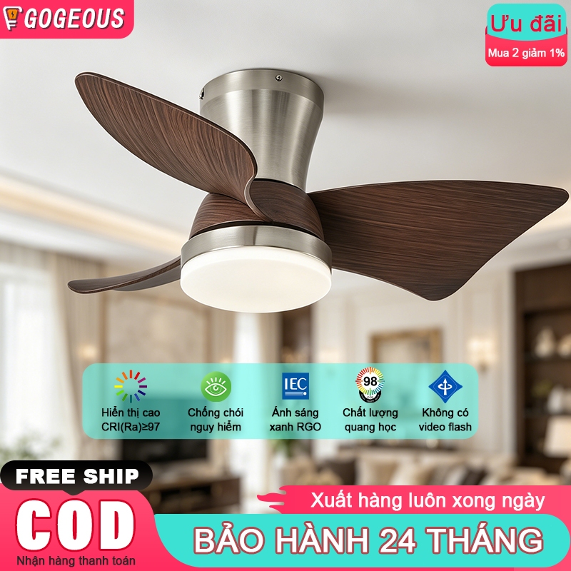 Quạt trần đèn 3 cánh ABS vân gỗ điều khiển từ xa, quạt trần không cần móc động cơ DC tiết kiệm điện