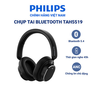 Tai nghe chụp tai Philips TAH5519 Bluetooth 5.4, chống ồn chủ động ANC, đệm tai bằng Memory Foam