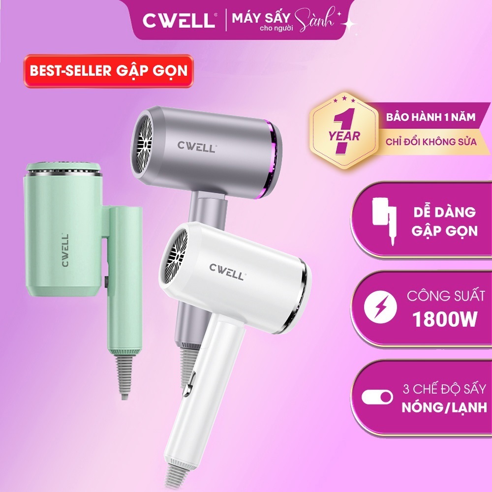 Máy sấy tóc mini CWELL C05HD 1800W gấp gọn, sấy nhanh, 3 chế độ nóng ấm mát, kiểm soát nhiệt NTC