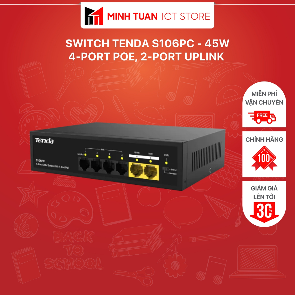 Switch Tenda S106PC - 45W - 4-Port PoE, 2-Port Uplink