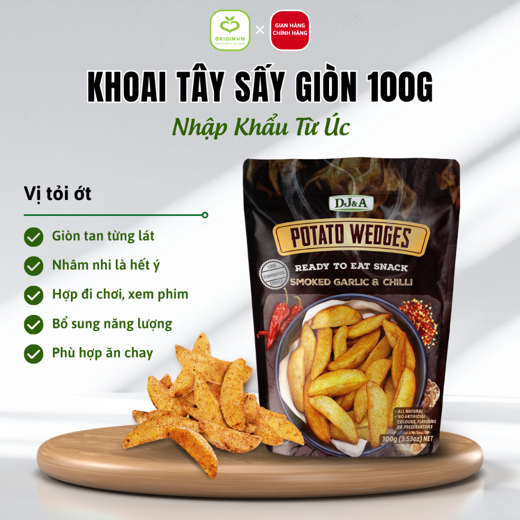 Khoai Tây Sấy Giòn Ít Béo Vị Tỏi Ớt 100g DJ&A - Garlic & Chilli Potato Wedges - Giảm Cân Ăn Được