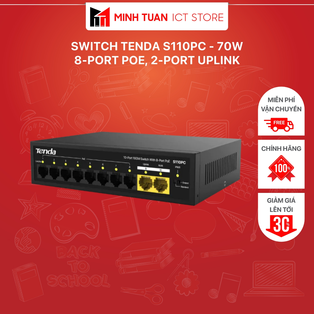 Switch Tenda S110PC - 70W - 8-Port PoE, 2-Port Uplink