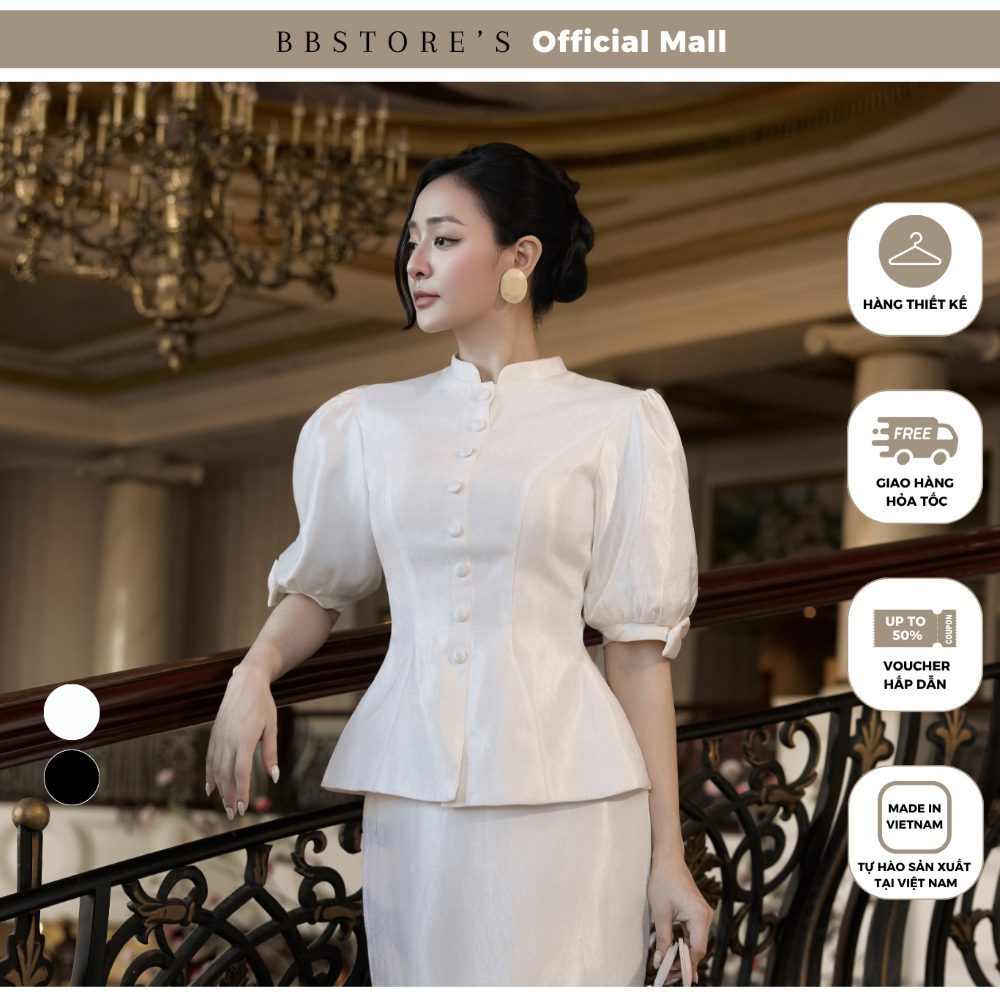 GRACY BY BBSTORE'S - Áo kiểu tiệc Tafta tay lửng xếp phồng cổ trụ-AAF63V - Chân váy suông tiệc Tafta