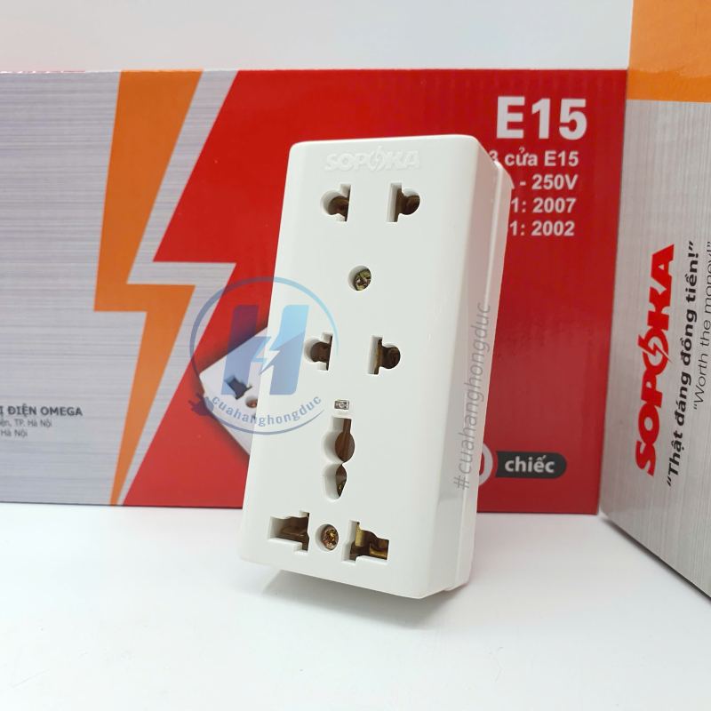 Ổ Cắm Điện 3 Lỗ Gắn Nổi Gắn Tường Gắn Táp Lô E15 SOPOKA