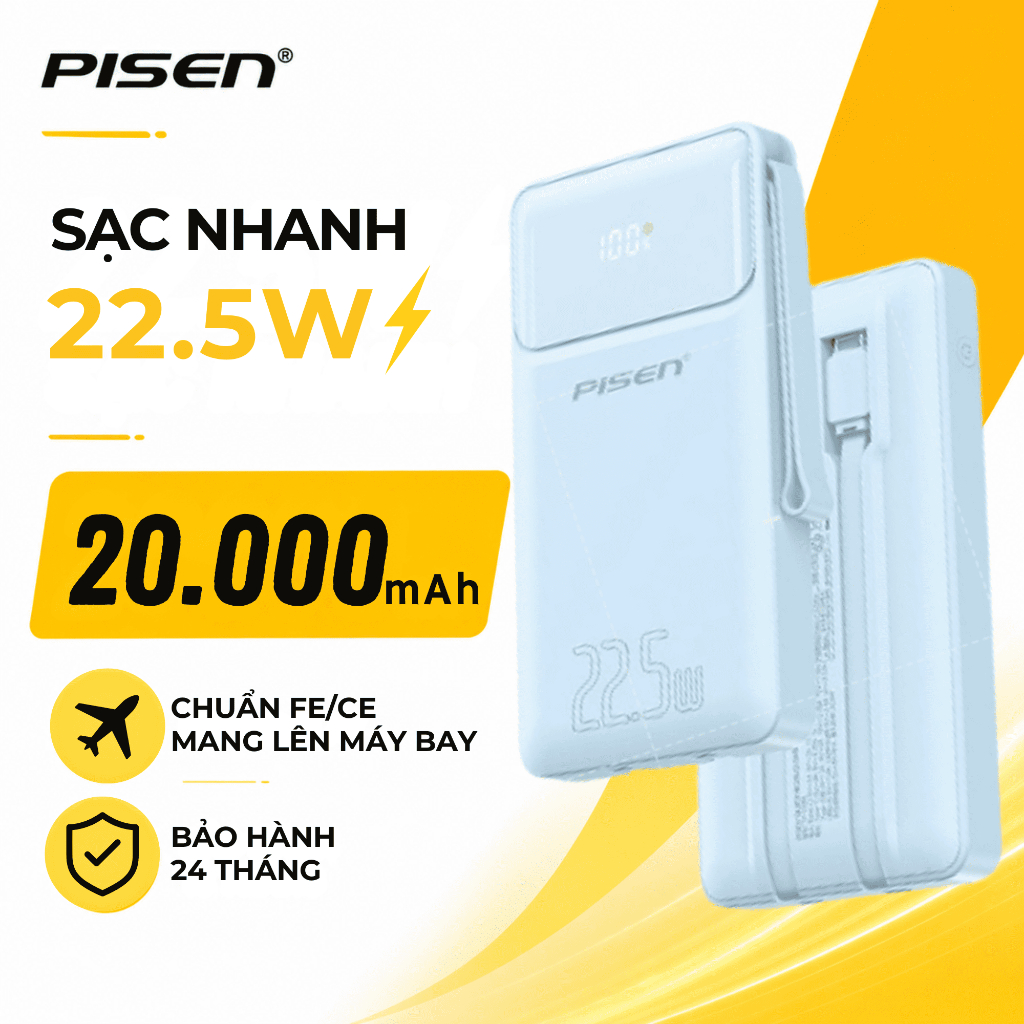 Sạc Dự Phòng PISEN 20000mAh 22.5W Sạc Nhanh PD Kèm Dây Cáp Pin Trâu Mang Lên Máy Bay TP-D067/068