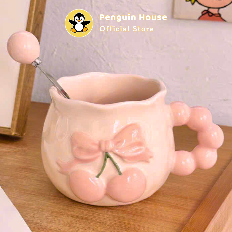 [Penguin] Cốc sứ Cherry decor 250ml ly sứ dễ thương decor bàn học phòng ngủ, cốc sứ cute_FS3