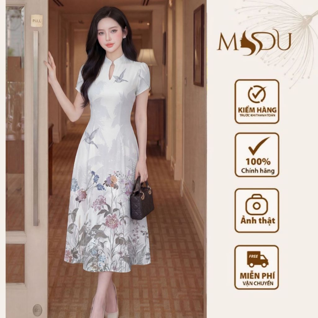 Váy Thiết Kế MDU6179 Mango Ý Kem Họa Tiết Xòe Cổ V Thanh Lịch