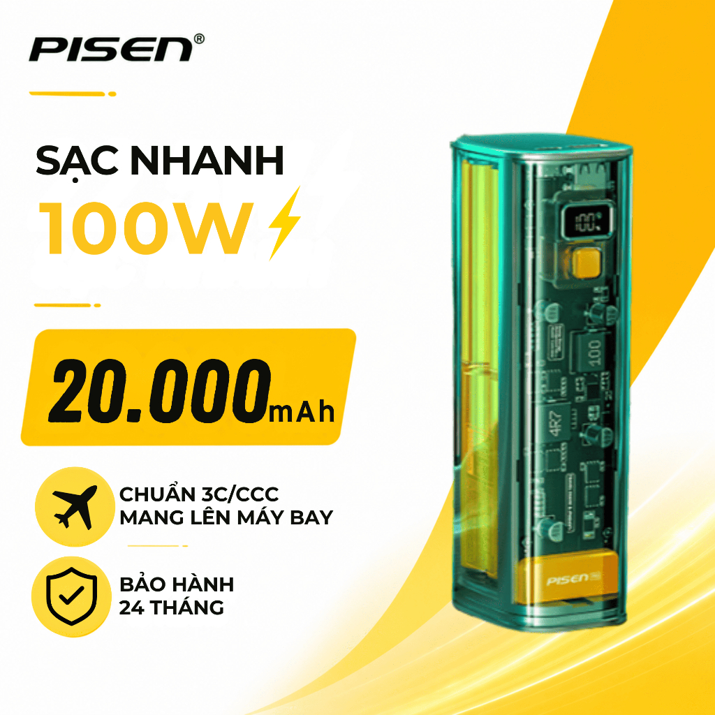 Sạc Dự Phòng PISEN PowerLap 20000mAh Sạc Nhanh Dung Lượng Lớn Thiết Kế Trong Suốt Pin Trâu LS DY145