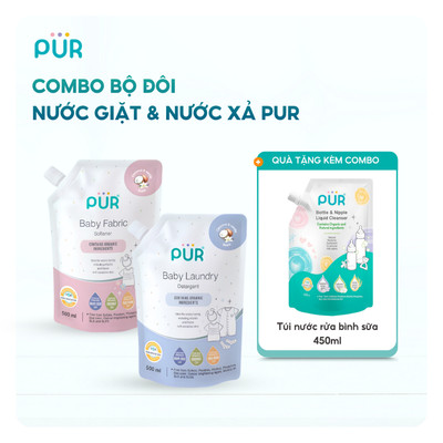 Combo 1 túi nước giặt PUR (500ml), 1 túi nước xả Pur (500ml) tặng 1 túi nước rửa bình PUR 450ml