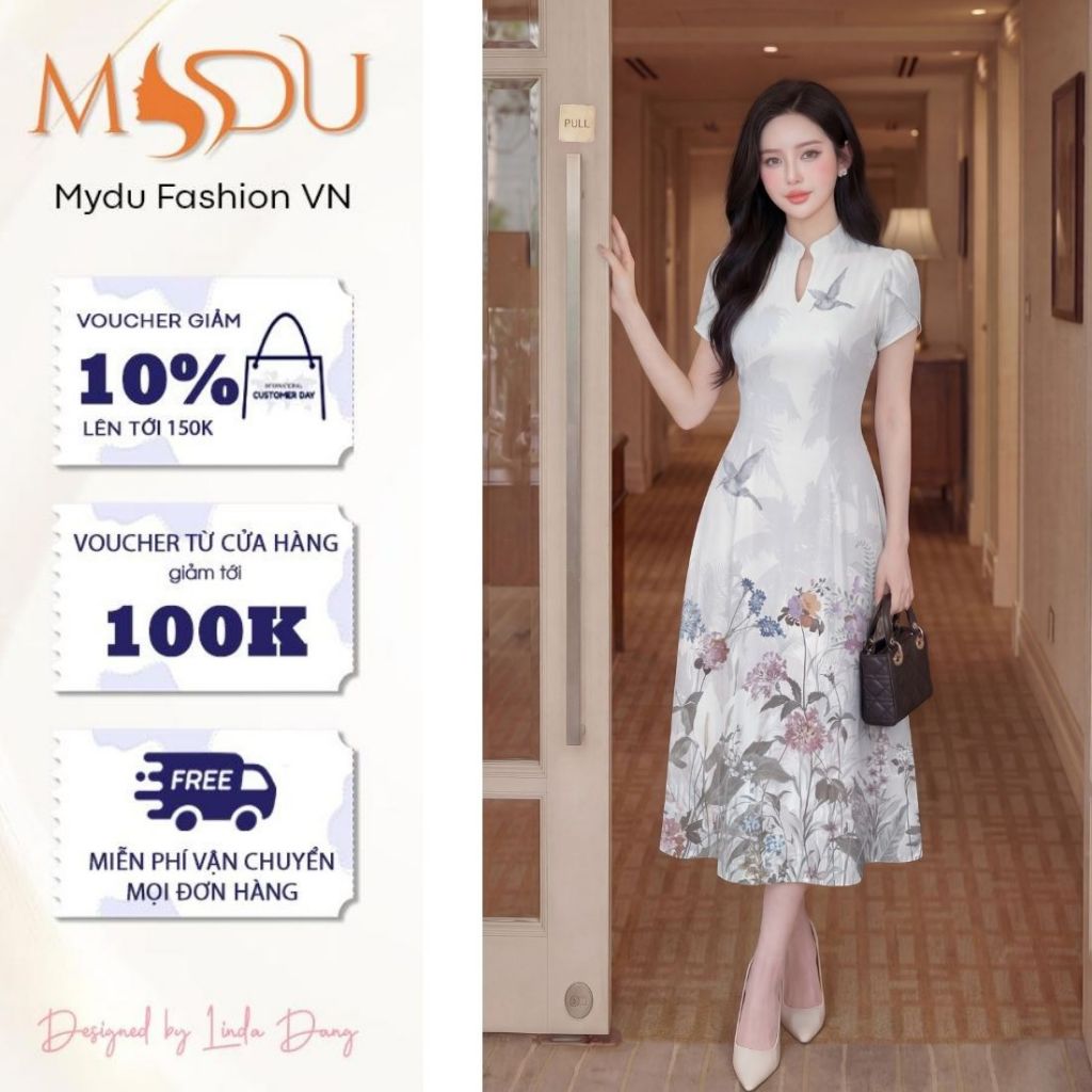 Váy Công Sở MDU6179 Mango Ý Kem Họa Tiết Dáng Xòe Thanh Lịch