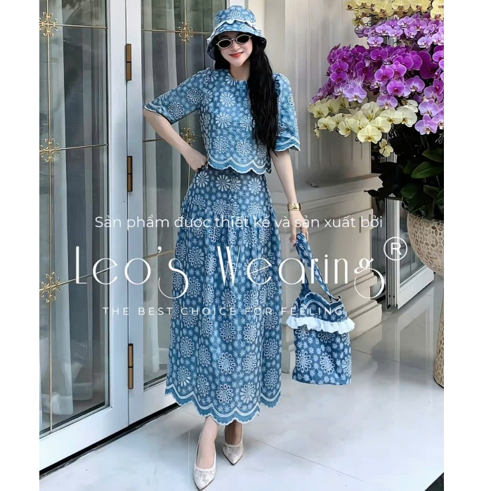 Sét váy thô cotton thêu hoaL EOSWEARING cổ tròn, tay ngắn cách điệu và Chân váy xanh (không kèm mũ v