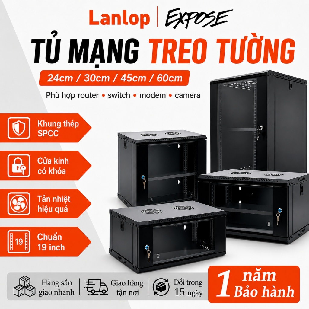 Tủ Mạng Tủ Rack Treo Tường 4U 6U 9U 12U Sâu 400mm, Chuẩn 19 Inch, Khung Thép SPCC, Cửa Kính Khóa