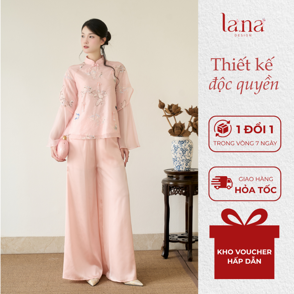 Pháp phục cách tân Ngự Điệp LANA DESIGN chất tơ kính thêu họa tiết tinh xảo phối quần xuông có lót –