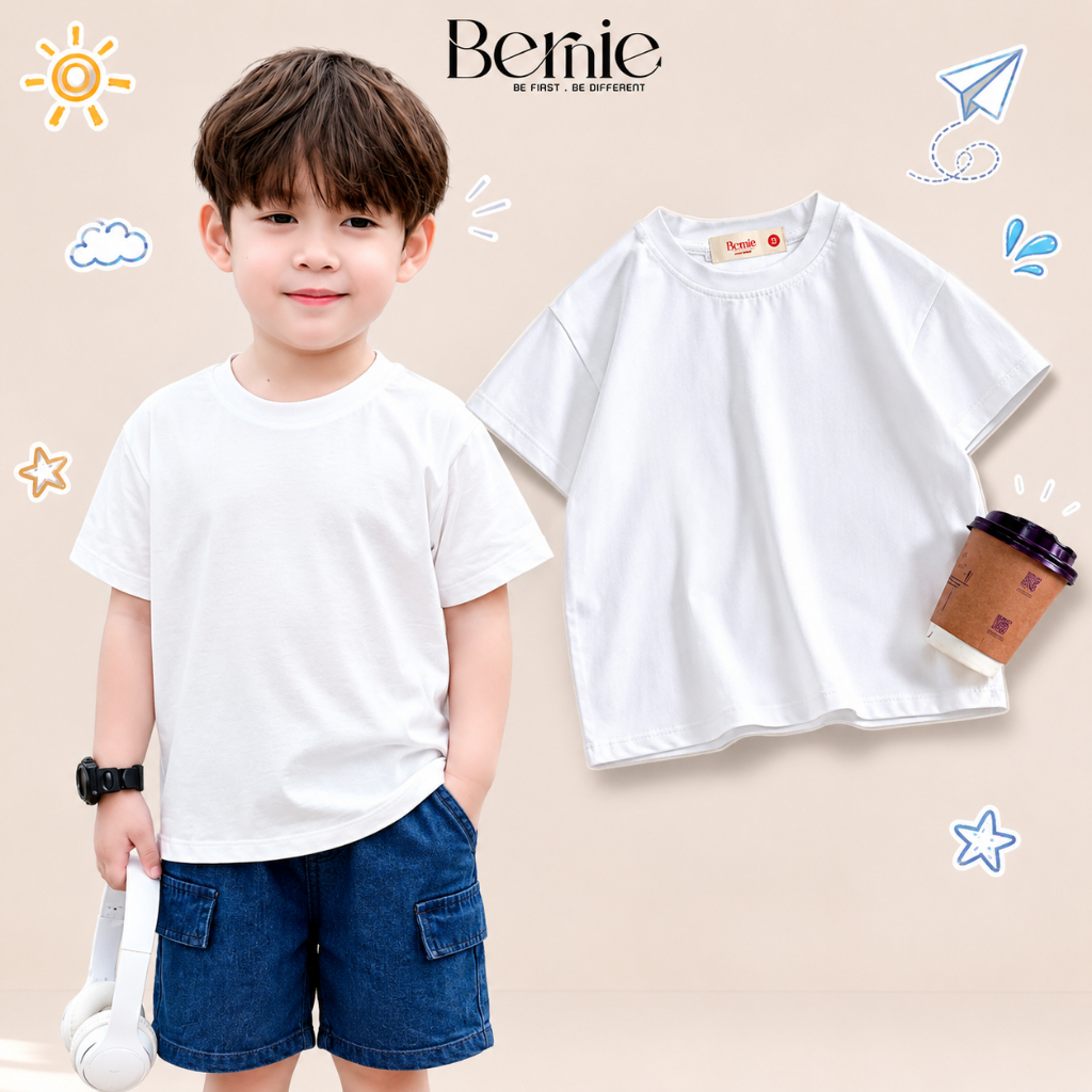 Áo phông trắng trơn áo thun nhiều mẫu unisex tổng bé trai bé gái cotton mềm 1-7 tuổi BERNIE SIRI