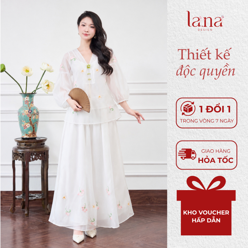 Set Váy Thiết Kế LANA DESIGN Ngọc Liên Màu Trắng Thêu Hoa Sen Tỉ Mỉ Chất Tơ Gương Mềm Mịn – SV614
