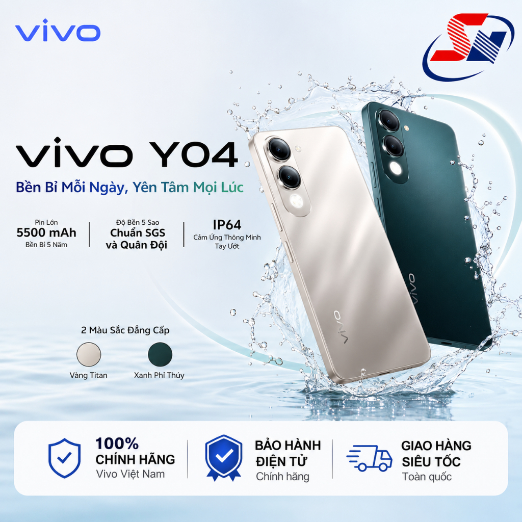 Điện thoại vivo Y04 (4GB/64GB - 4GB/128GB - 6GB/128GB) - Hàng chính hàng - Pin 5500 mah - Chuẩn IP64