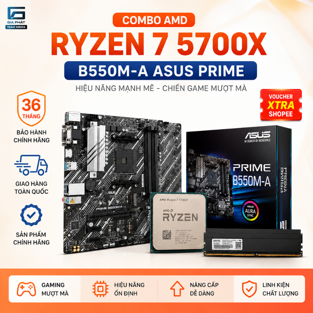Combo Ryzen 7 5700X / Main ASUS PRIME B550M-A / RAM DDR4 16GB Gaming Đồ Họa BH 36T