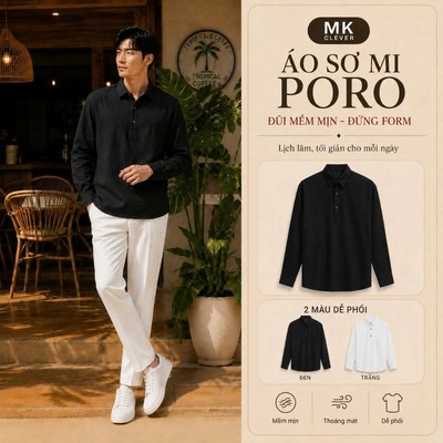 Áo sơ mi đũi nam dài tay Poro MK CLEVER Chất liệu đũi Nhật mềm mịn, thoáng mát, thấm hút tốt lên form đẹp, đứng dáng