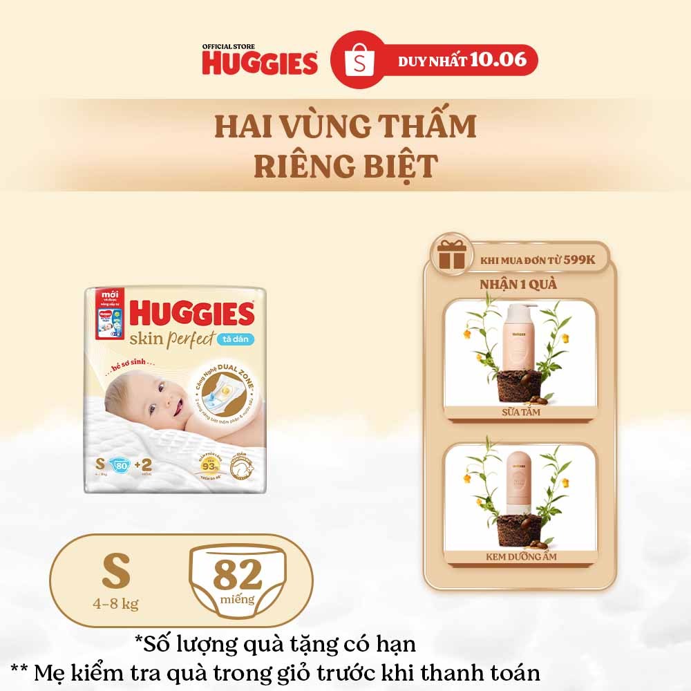 Tã/bỉm dán sơ sinh Huggies Skin Perfect S 80+2 miếng với 2 vùng thấm giảm kích ứng da