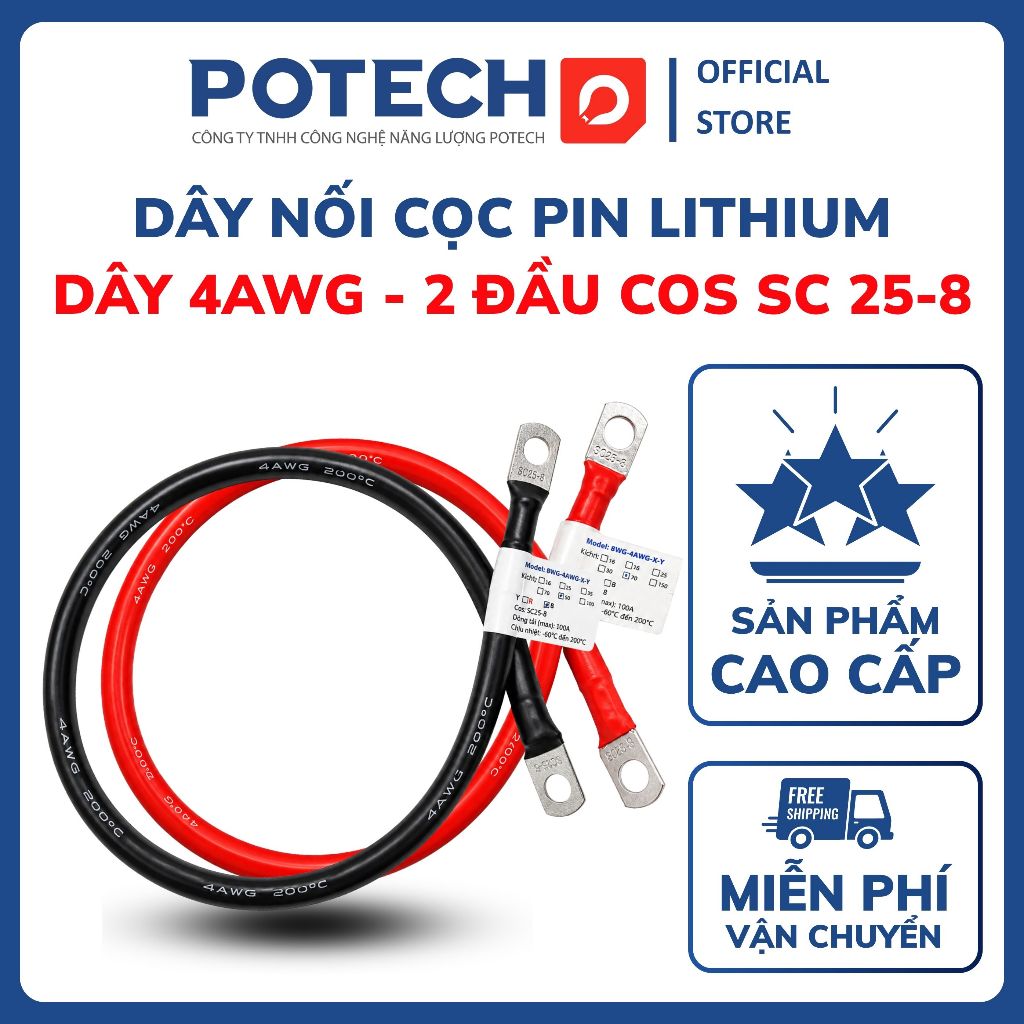 Dây nối cọc pin Lithium, acquy 4AWG sẵn 2 đầu COS SC 25-8 dùng cho bình ắc quy xe điện, UPS,..