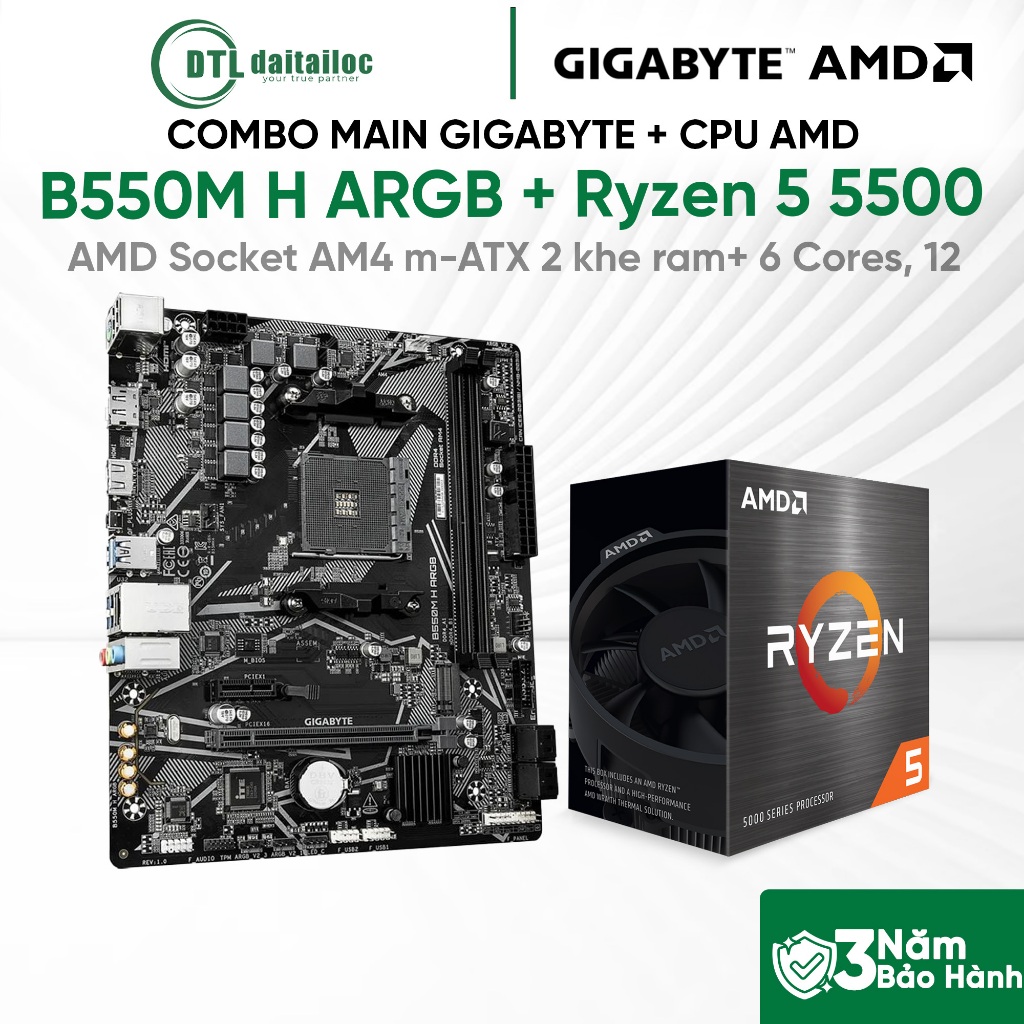 ComBo Mainboard GIGABYTE B550M H ARGB+ CPU AMD Ryzen 5 5500   / Chính Hãng / Bảo Hành 3 năm