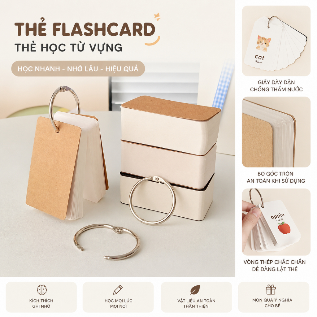 Thẻ Flashcard Học Từ Vựng 4x7cm Còng Inox Thẻ Ghi Nhớ Học Tiếng Anh Tiếng Nhật Tiếng Hàn