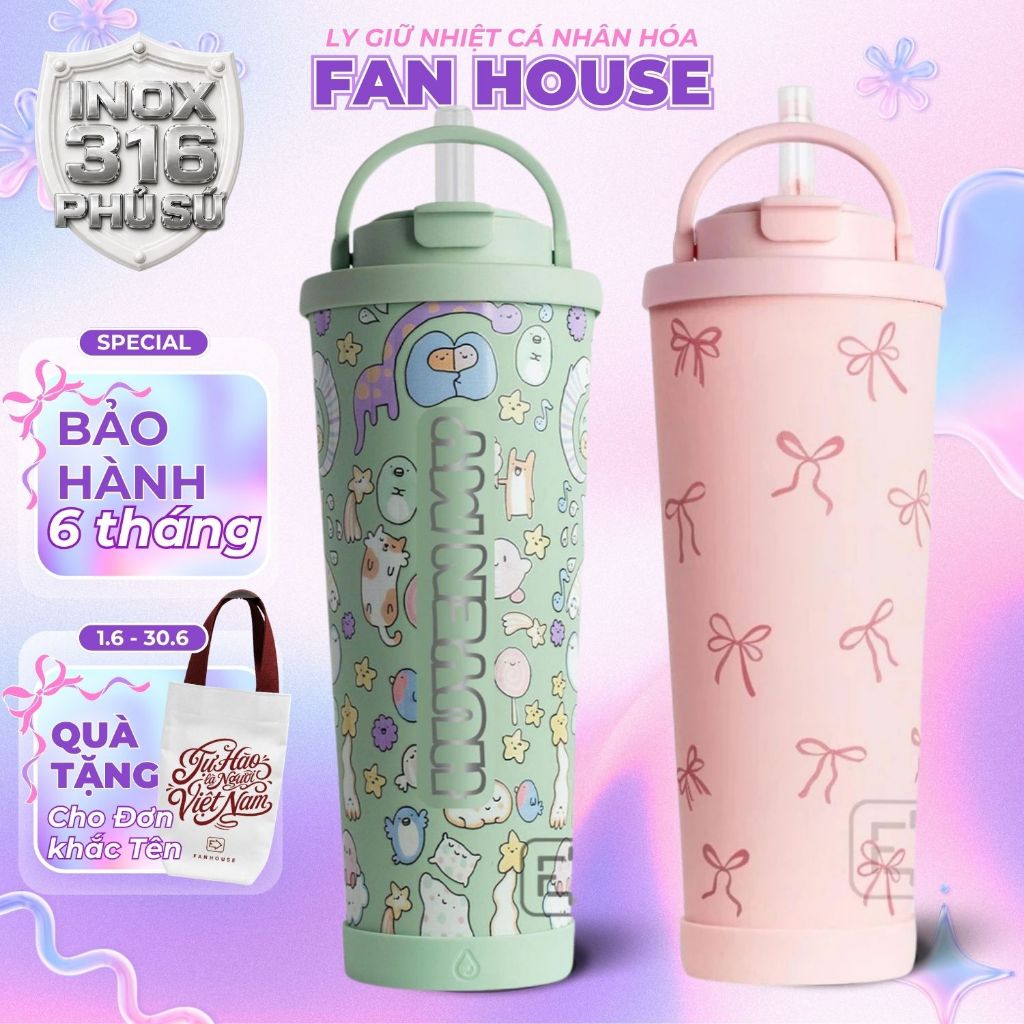 Ly giữ nhiệt cao cấp Pastel v2 850ml hút trà sữa trân châu bình giữ nhiệt 16h Fan House inox 304