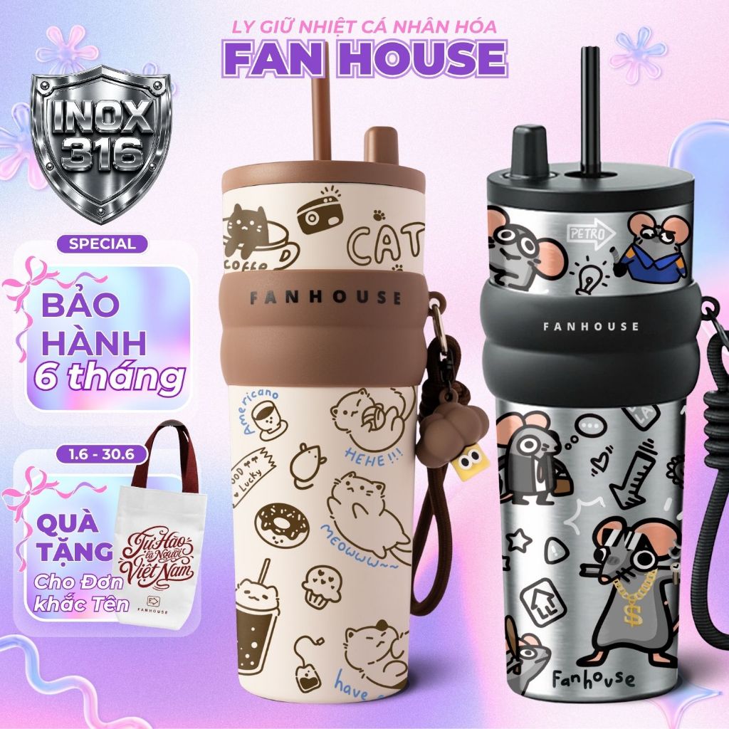 Ly giữ nhiệt cao cấp Candy inox 316 cốc nước giữ nhiệt thể thao 710ml Fan House khắc tên, charm 3D