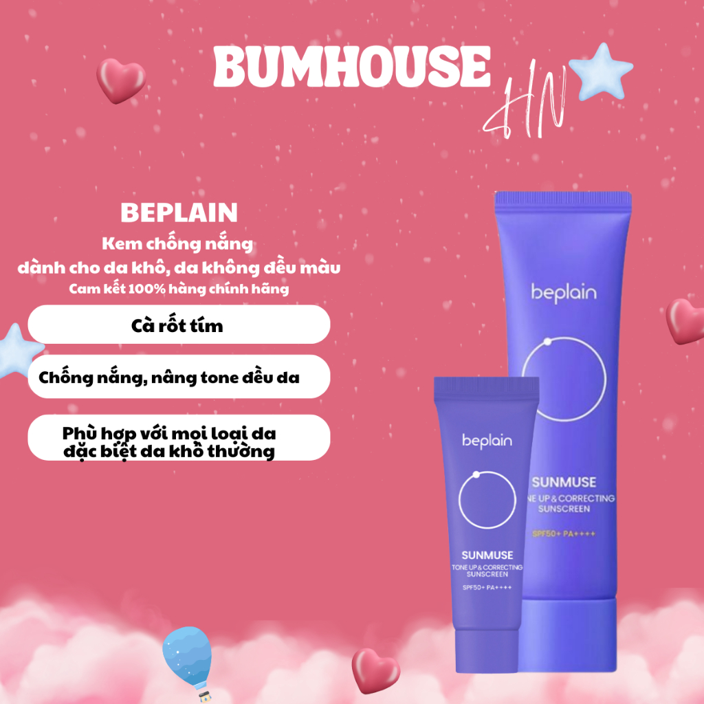 Kem chống nắng BEPLAIN Sunmuse lai Vật Lý & Hoá Học Nâng Tone & Hiệu chỉnh da SPF 50+ PA++++ 10ml 50