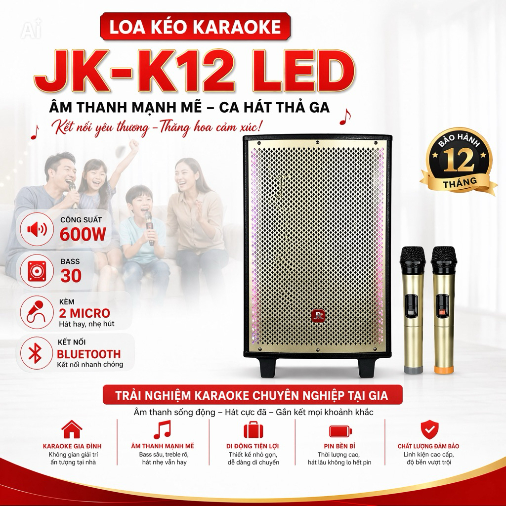Loa Karaoke JK-K12 LED Loa 2 Đường Tiếng 1 Bass 30Cm - Công Suất Lớn 600W, âm bas hay, míc hát nhẹ, 